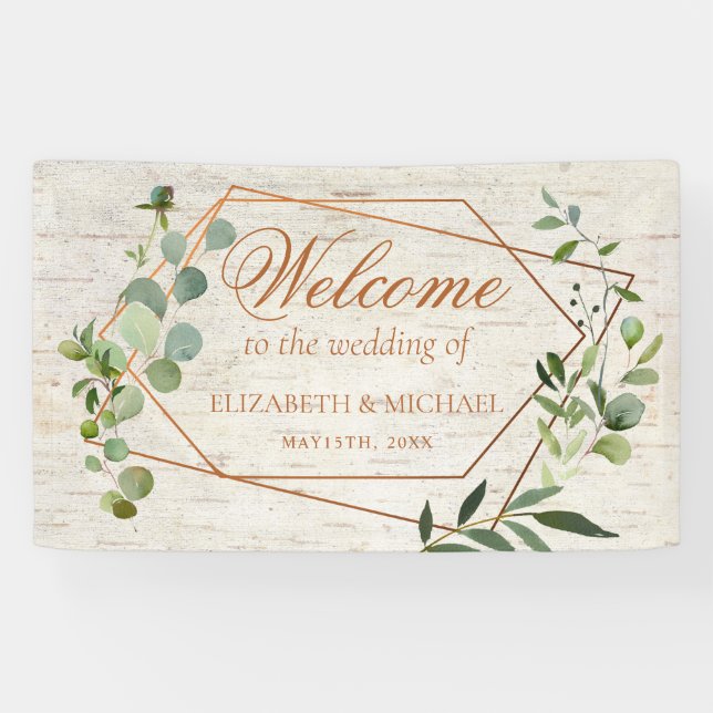 Rustic Copper Geometric Eucalyptus Birch Wedding Banner (Horizontal)