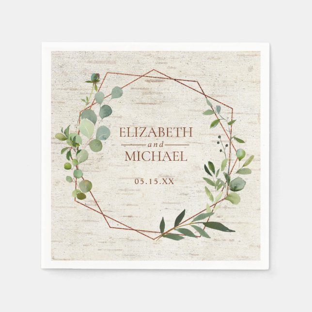 Rustic Copper Geometric Eucalyptus Birch Wedding Napkin (Front)