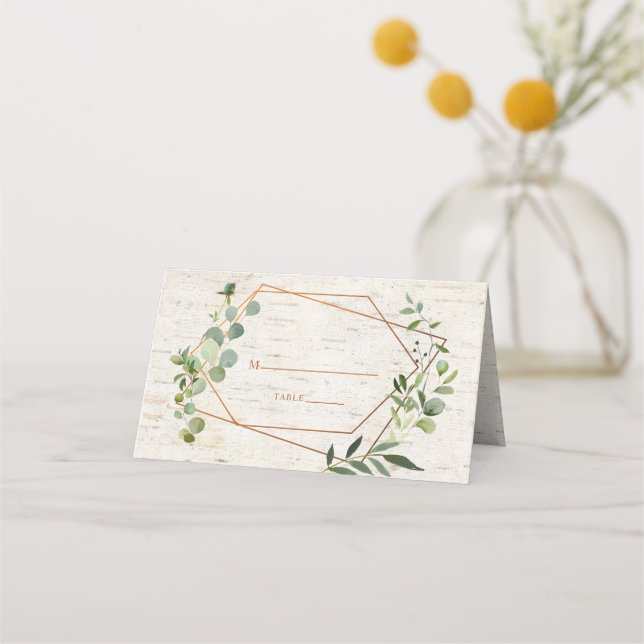 Rustic Copper Geometric Eucalyptus Birch Wedding Place Card (Front)