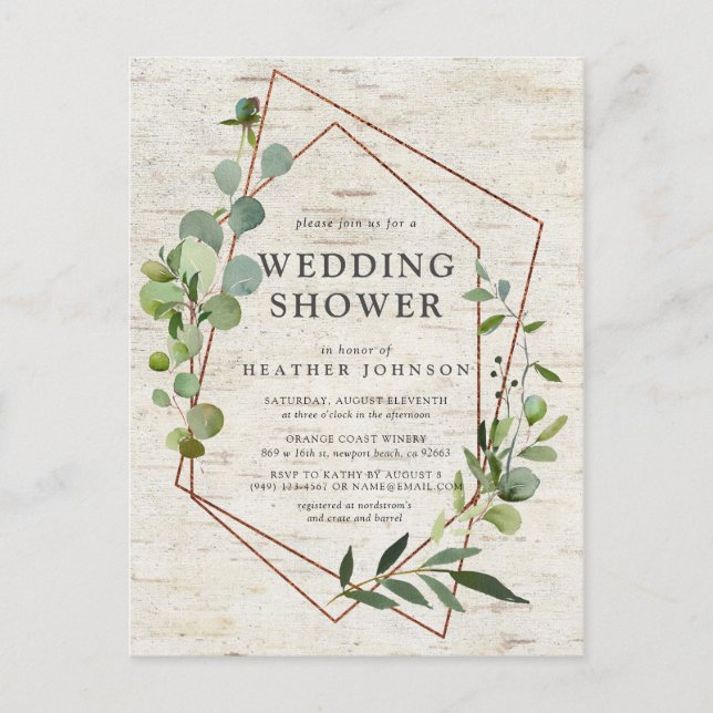 Rustic Copper Geometric Eucalyptus Wedding Shower Announcement Postcard (Front)