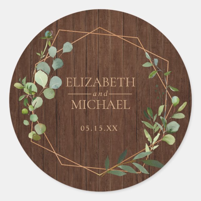 Rustic Copper Geometric Eucalyptus Wedding Sticker (Front)
