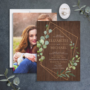 Rustic Copper Geometric Eucalyptus Wood Photo Invitation