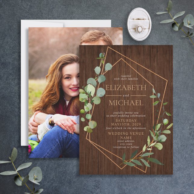 Rustic Copper Geometric Eucalyptus Wood Photo Invitation (Creator Uploaded)
