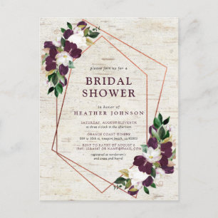 Rustic Copper Geometric Plum Floral Bridal Shower Announcement Postcard