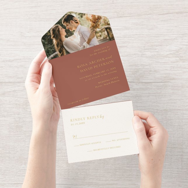 Rustic Copper Photo Editorial Modern Wedding All In One Invitation (Tearaway)