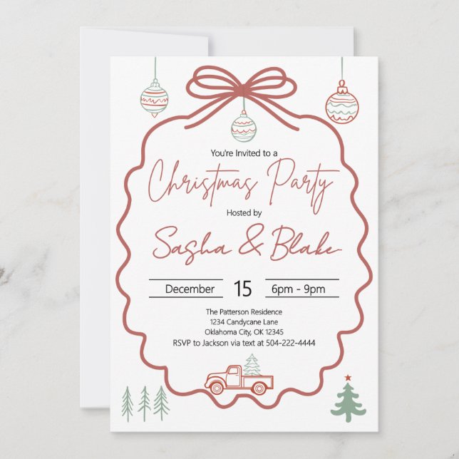 Rustic Coquette Red Green Christmas Party  Invitation (Front)