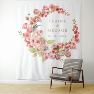 Rustic Coral Blush Floral Wedding Backdrop Tapestry