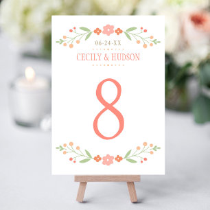 Rustic Coral Green Floral Wedding Table Number
