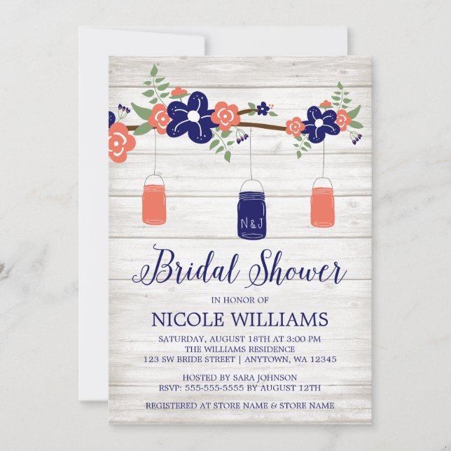 Rustic Coral Navy Mason Jar Branch Bridal Shower Invitation (Front)