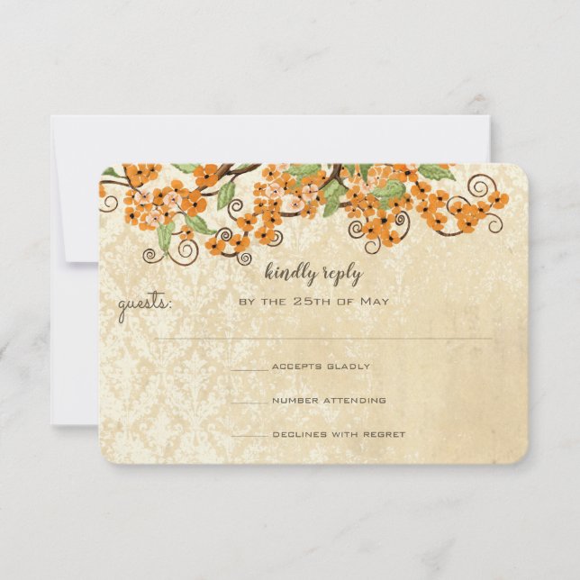 Rustic Coral Orange Spring Blossom Wedding RSVP (Front)