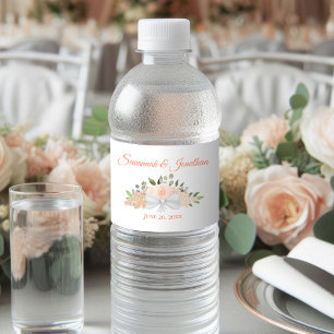 Rustic Coral & Peach Elegant Boho Roses Wedding Water Bottle Label