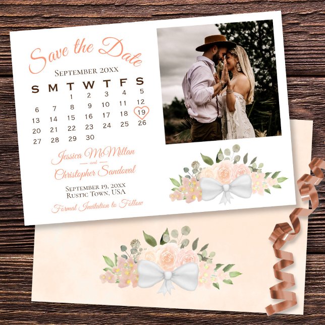 Rustic Coral Peach Floral Calendar & Photo Wedding Save The Date (In Situ Front/Back)