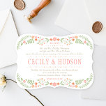 Rustic Coral Pink and Green Floral Wedding Invitation<br><div class="desc">Rustic chic wedding invitations feature a symmetrical floral frame of pretty peach,  blush pink,  coral,  and nectarine orange flowers and soft green botanical leaves with hand-drawn look that frame the design,  and background with a subtle and elegant woven textured appearance.</div>