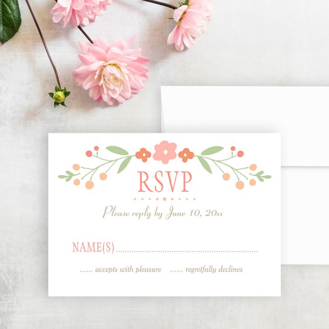 Rustic Coral Pink and Green Floral Wedding RSVP Card (Creator Uploaded)