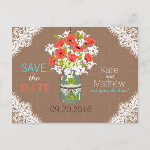 Rustic Coral Poppies and Lace Save the Date Announcement Postcard