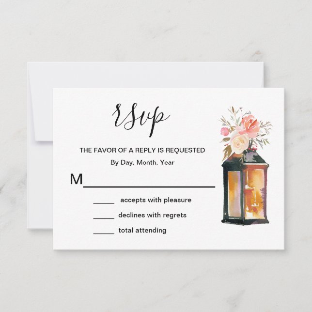 Rustic Coral Rose Gold Lanterns Floral RSVP Card (Front)