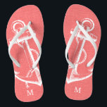 Rustic Coral Vintage Anchor Monogram Jandals<br><div class="desc">Custom printed flip flop sandals with a rustic nautical vintage anchor illustration and your custom monogram or other text. Click Customise It to change text fonts and colours or add your own images to create a unique one of a kind design!</div>