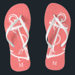 Rustic Coral Vintage Anchor Monogram Jandals<br><div class="desc">Custom printed flip flop sandals with a rustic nautical vintage anchor illustration and your custom monogram or other text. Click Customise It to change text fonts and colours or add your own images to create a unique one of a kind design!</div>