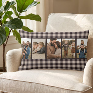 Rustic Cosy Brown Buffalo Plaid Multi Photo Lumbar Cushion