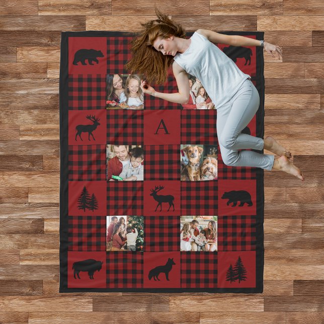 Rustic Cosy Cabin Red Plaid 6 Photo Monogram  Fleece Blanket (Creator Uploaded)