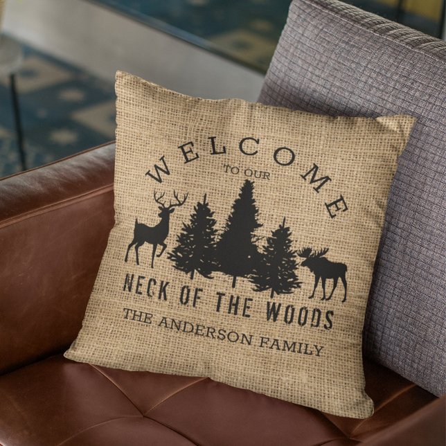 Rustic Cosy Cabin Welcome Family Name Throw Pillow (Creator Uploaded)