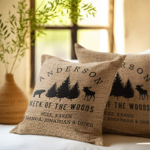 Rustic Cosy Cabin Welcome Family Name Throw Pillow