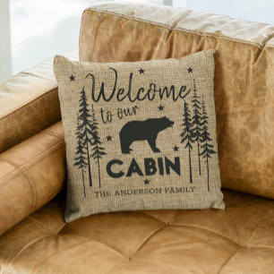Rustic Cosy Welcome to our Cabin Family Name Cushion