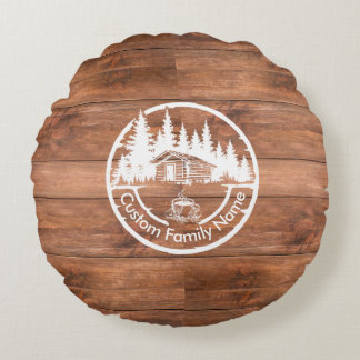 Rustic Cottage Cabin Barn | Custom Family Name Round Cushion