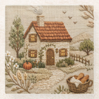 Rustic Cottage Embroidery – Cosy Countryside Glass Coaster