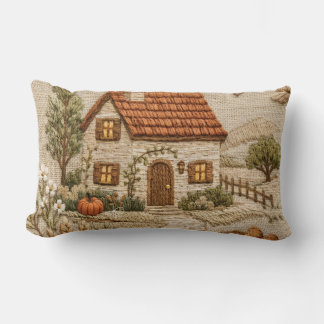 Rustic Cottage Embroidery – Cosy Countryside Lumbar Cushion