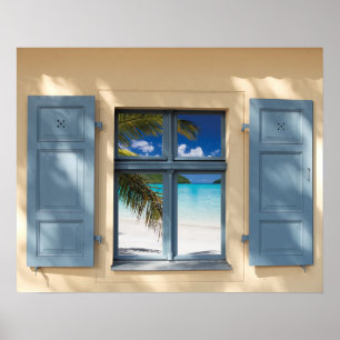 Rustic Cottage Faux Window View Tropical Beach Poster