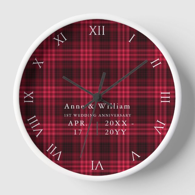 Rustic Cottage Red Tartan 1st Wedding Anniversary Clock (Front)