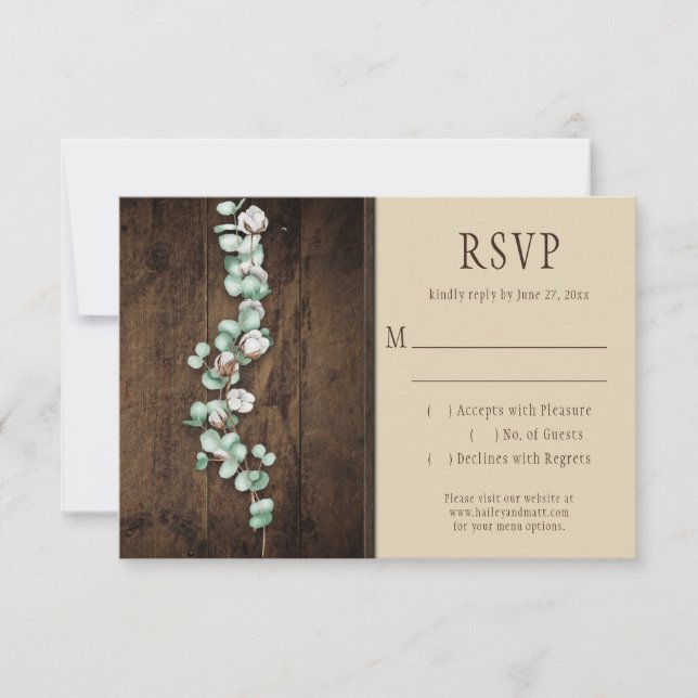Rustic Cotton Bolls and Eucalyptus Barn Wood RSVP (Front)