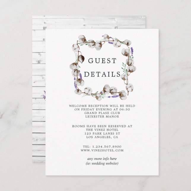 Rustic Cotton Lavender Wedding Guest Details Enclosure Card (Front/Back)