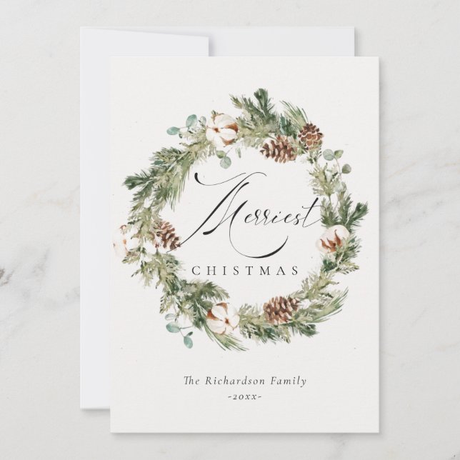 Rustic Cotton Pine Cone Merriest Christmas Wreath  Holiday Card (Front)