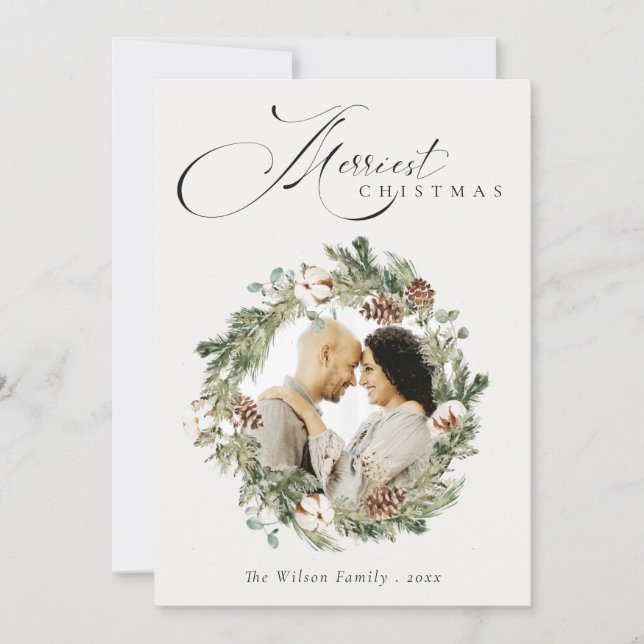 Rustic Cotton Pine Cone Photo Christmas Wreath Holiday Card (Front)