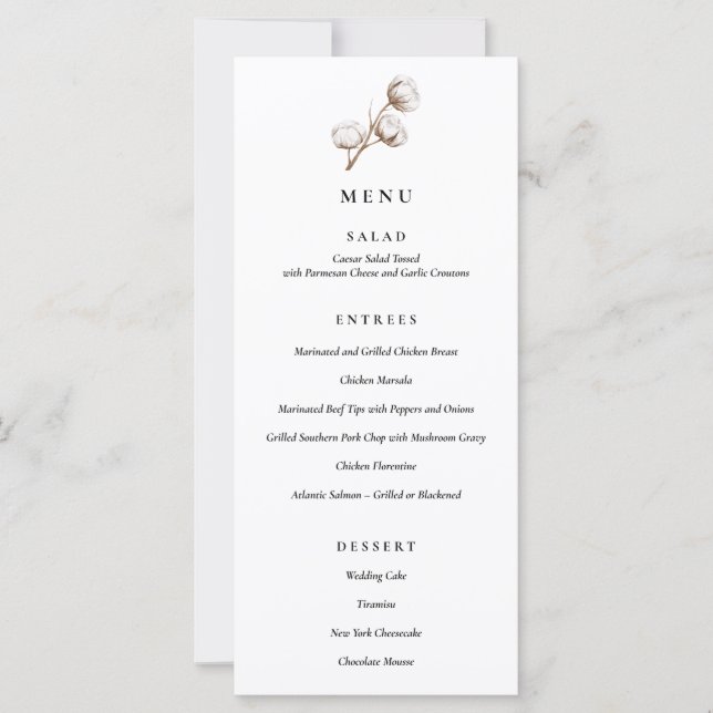 Rustic Cotton Wedding Dinner Menu (Front)