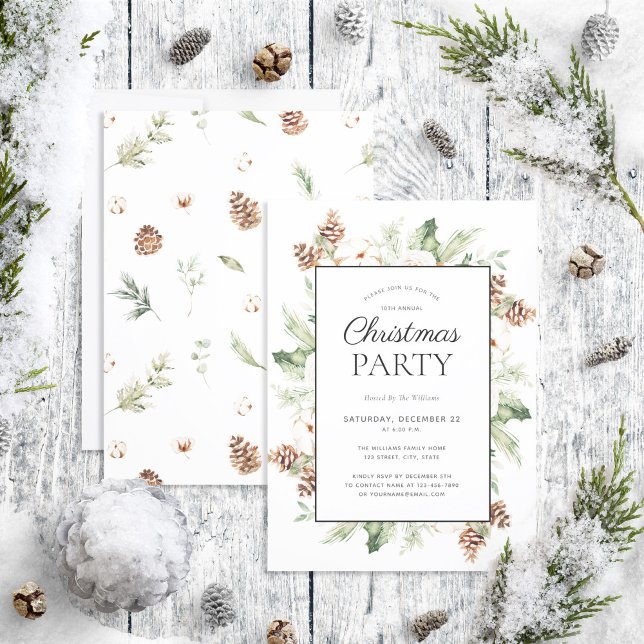 Rustic Cotton Winter Greenery Christmas Party Invitation (Creator Uploaded)