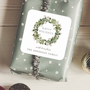 Rustic Cotton Wreath Custom Family Name Christmas Square Sticker