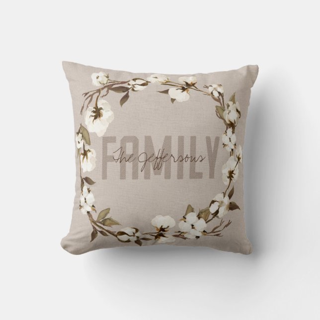 Rustic Cotton Wreath Family Name Monogram Cushion (Front)
