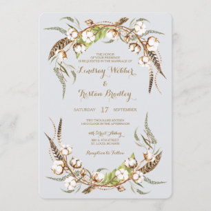 Rustic Cotton Wreath Feathers Wedding Invitation