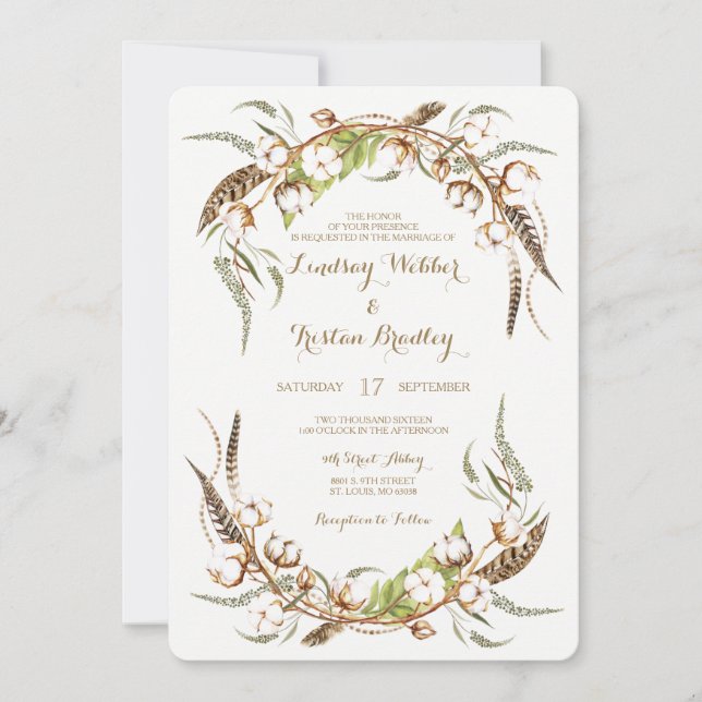 Rustic Cotton Wreath Feathers Wedding Invitation (Front)