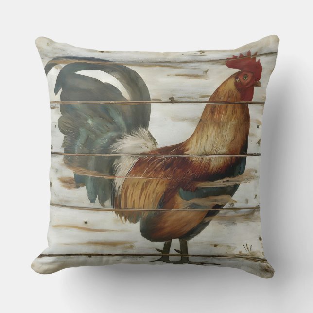 Rustic Country and farm Rooster on weathered wood Cushion (Front)