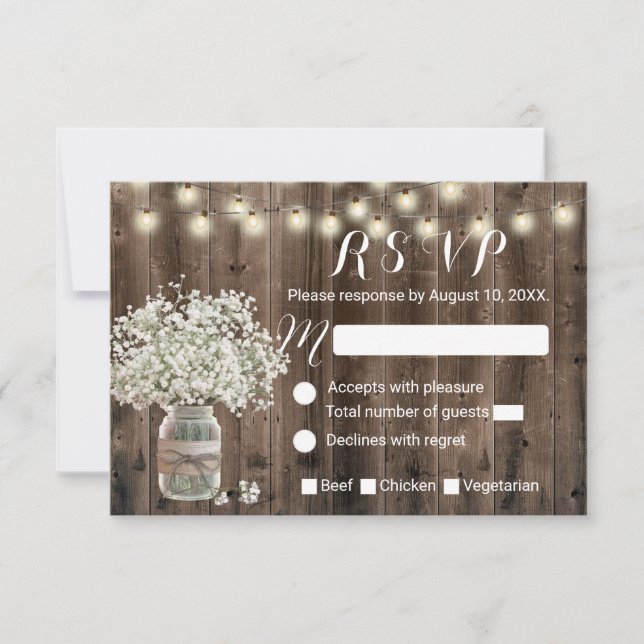 Rustic Country Baby's Breath Jar Barn Wedding RSVP (Front)