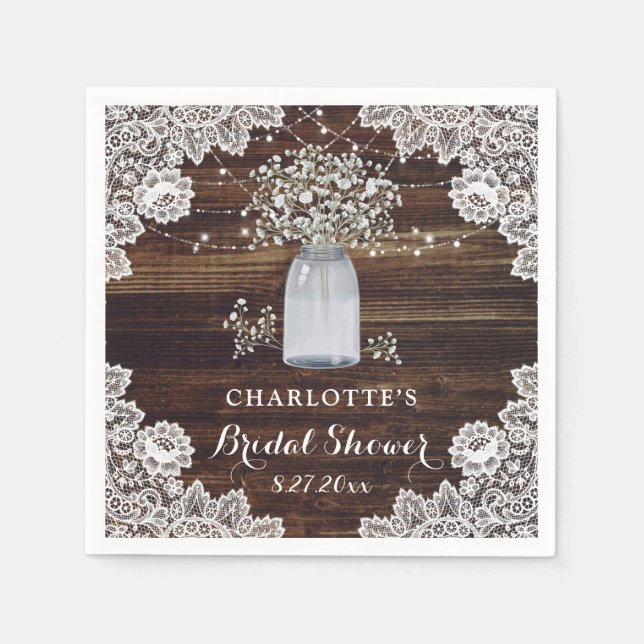 Rustic Country Baby's Breath Wood Bridal Shower Napkin (Front)