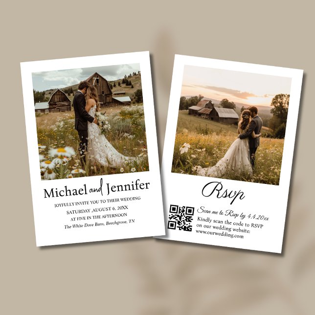 Rustic Country Barn 2 Photo QR Code RSVP Wedding Invitation (Creator Uploaded)