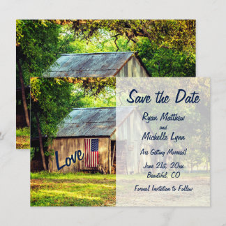 Rustic Country Barn American Flag Save the Date Invitation