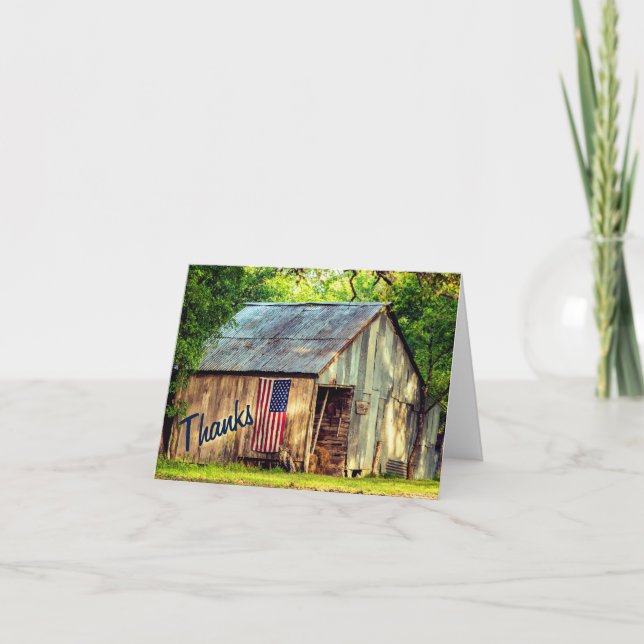 Rustic Country Barn American Flag Thanks Thank You Card (Front)