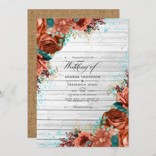 Rustic Country Barn Coral and Teal Floral Wedding  Invitation (Front/Back)