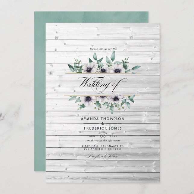 Rustic Country Barn Eucalyptus Anemone Wedding Invitation (Front/Back)